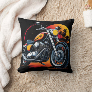 Fiery motorcycle against a tropical sunset skyline cushion