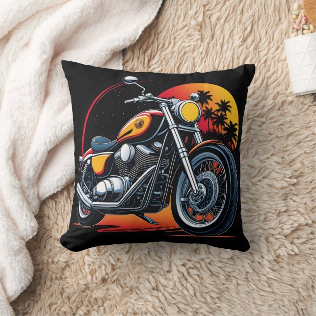 Fiery motorcycle against a tropical sunset skyline cushion (Blanket)