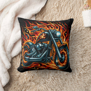 Fiery motorcycle blazing through a cosmic backdrop cushion