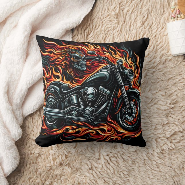 Fiery motorcycle blazing through darkened streets cushion (Blanket)