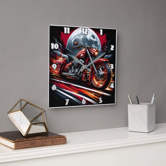 Fiery motorcycle races under a full moon square wall clock (Office)