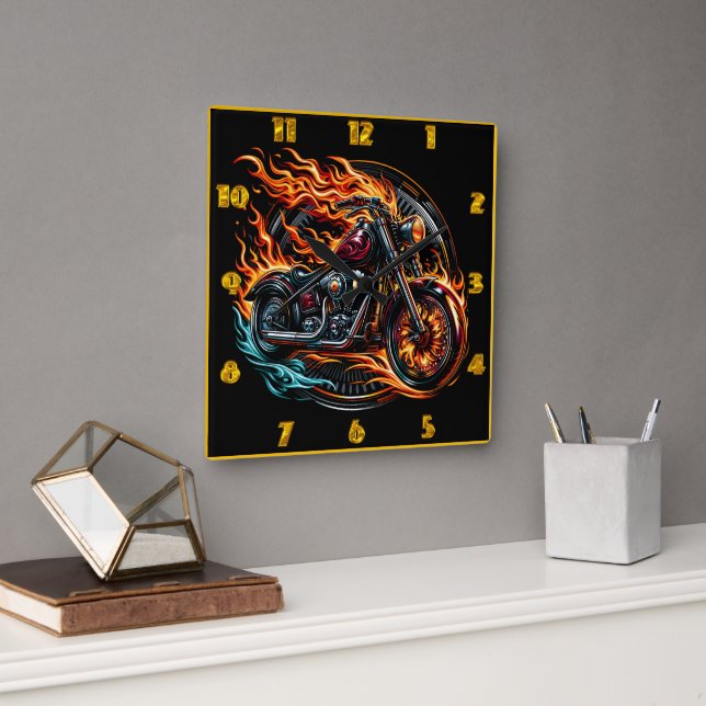 Fiery motorcycle racing down the open road at dusk square wall clock (Office)