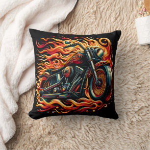 Fiery motorcycle racing through a vibrant sunset cushion