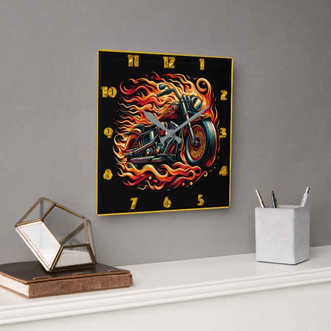 Fiery motorcycle racing through a vibrant sunset square wall clock (Office)