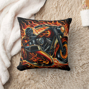 Fiery motorcycle racing through blazing flames cushion