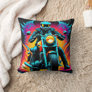 Fiery motorcycle rider in vibrant sunset glow cushion