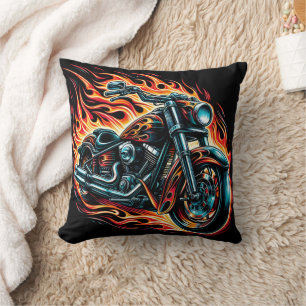 Fiery motorcycle roaring through a night of flames cushion
