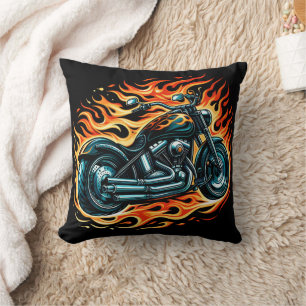Fiery motorcycle roaring through the night sky cushion