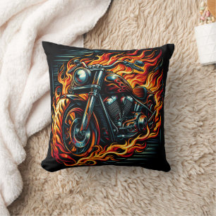 Fiery motorcycle roaring through vibrant flames cushion