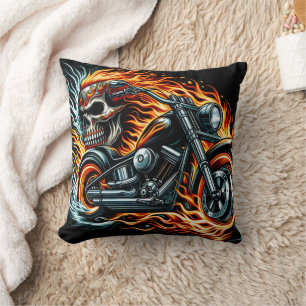 Fiery motorcycle with a skull in a vibrant blaze cushion