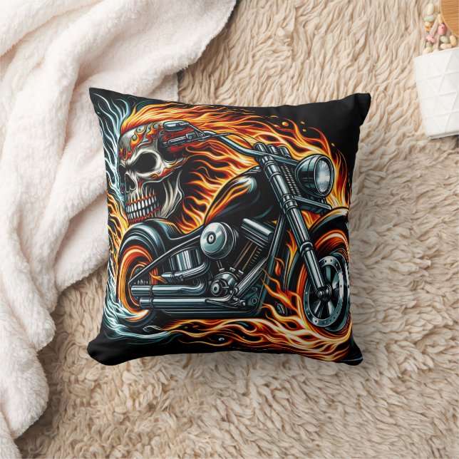 Fiery motorcycle with a skull in a vibrant blaze cushion (Blanket)