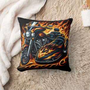 Fiery motorcycle with sidecar at sunset cushion