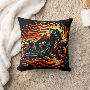 Fiery motorcycle with vibrant flames at dusk cushion