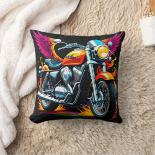 Fiery motorcycle with vibrant wings in sunset glow cushion
