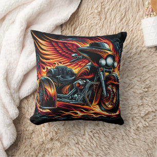 Fiery motorcycle with wings racing through flames cushion