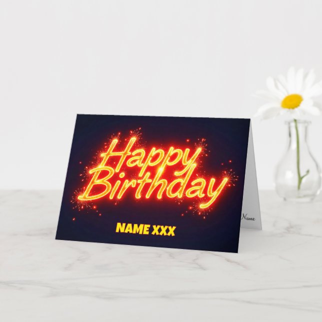 Fiery Neon Happy Birthday Glowing Text Design Card (Small Plant)