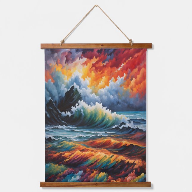 Fiery Ocean Storm - Abstract Seascape Art Hanging Tapestry (Front)