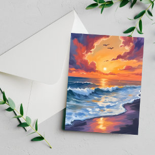 Fiery Ocean Sunset Waves Seascape Painting Card
