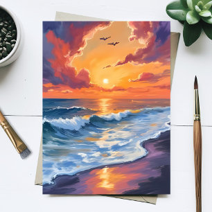 Fiery Ocean Sunset Waves Seascape Painting Postcard