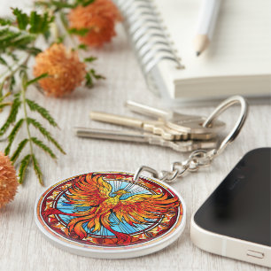 Fiery Orange Blue Phoenix Bird Key Ring