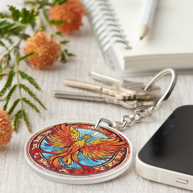 Fiery Orange Blue Phoenix Bird Key Ring (Front Right)
