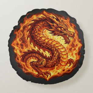 Fiery Orange Dragon Fire Flames Gift for men Round Cushion