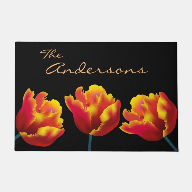 Fiery Orange Parrot Tulips Personalised Doormat (Front)