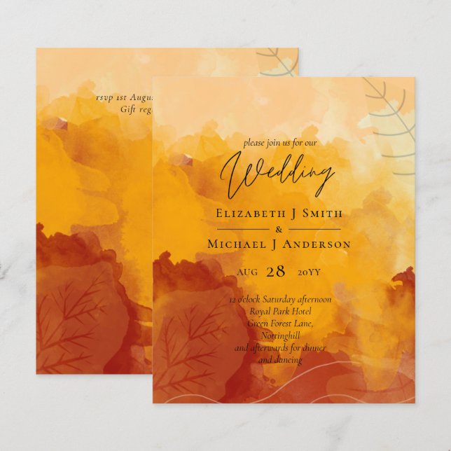Fiery Orange Watercolor Abstract Sunset Wedding (Front/Back)