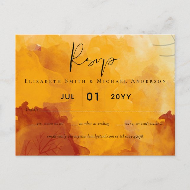 Fiery Orange Watercolor Abstract Sunset Wedding Postcard (Front)