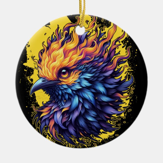 Fiery Phoenix Bird Art Ceramic Tree Decoration (Front)
