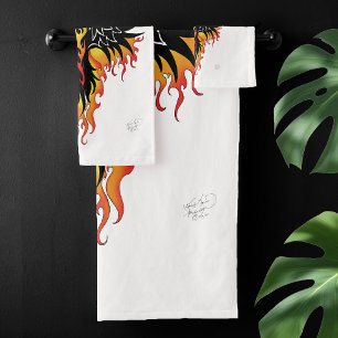 Fiery Phoenix Rising Firebird Black Tribal Flames Bath Towel Set
