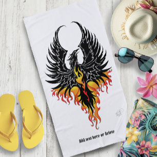 Fiery Phoenix Rising Firebird Black Tribal Flames Beach Towel
