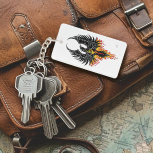 Fiery Phoenix Rising Firebird Black Tribal Flames Key Ring