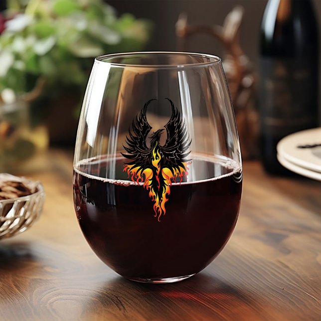 Fiery Phoenix Rising Firebird Black Tribal Flames Stemless Wine Glass (Creator Uploaded)