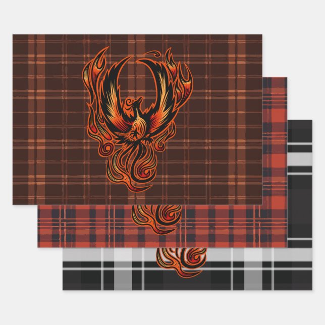Fiery Phoenix Rising Plaid Fantasy Gift Wrapping Paper Sheet (Set)