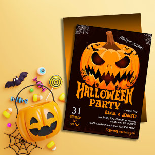 Fiery Pumpkin Jack o lantern bats Spooky Halloween Invitation