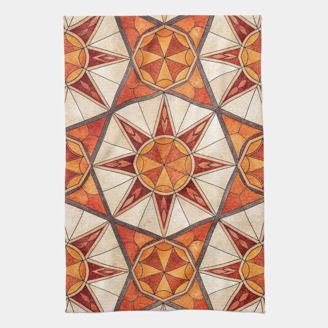 Fiery Red and Orange Starburst - Geometric Mosaic Tea Towel (Vertical)