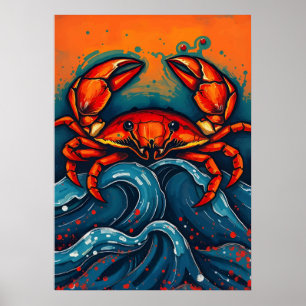 Fiery Red Crab – Bold Sea Creature in Splashy Surf Poster