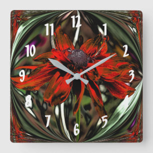Fiery Red Daisy Abstract Flower Art Square Wall Clock