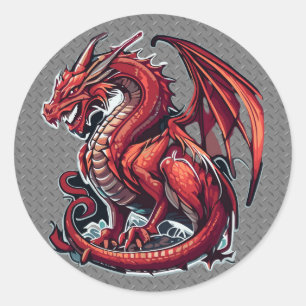 Fiery Red Dragon On Metal Diamond Plate Classic Round Sticker
