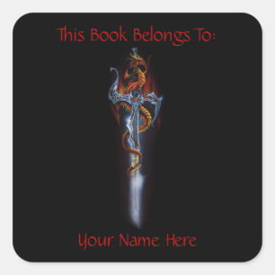 Fiery Red Fantasy Dragon Silver Sword Bookplate Square Sticker