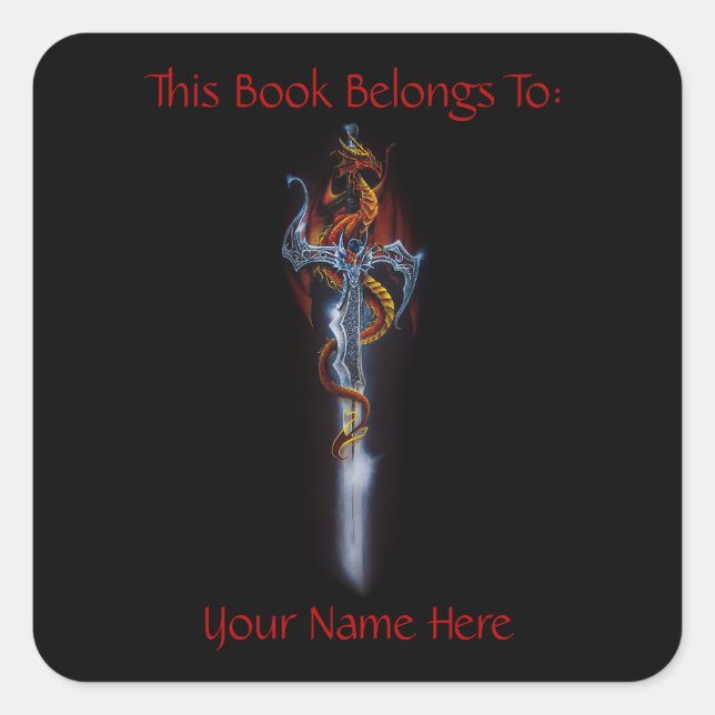 Fiery Red Fantasy Dragon Silver Sword Bookplate Square Sticker (Front)