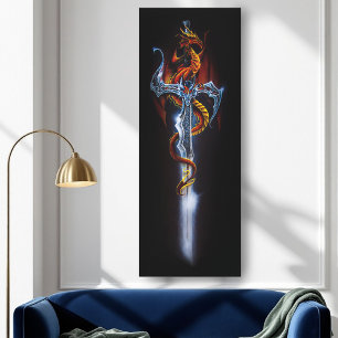 Fiery Red Fantasy Dragon Silver Sword Painting Canvas Print