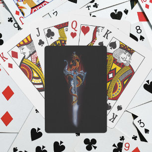 Fiery Red Fantasy Dragon Silver Sword Painting Playing Cards