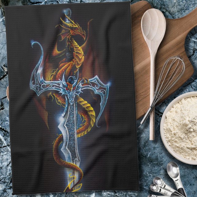 Fiery Red Fantasy Dragon Silver Sword Painting Tea Towel (Creator Uploaded)
