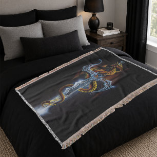 Fiery Red Fantasy Dragon Silver Sword Painting Throw Blanket