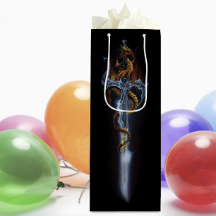 Fiery Red Fantasy Dragon Silver Sword Painting Wine Gift Bag