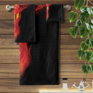 Fiery Red Fantasy Phoenix Woman Black Bath Towel Set
