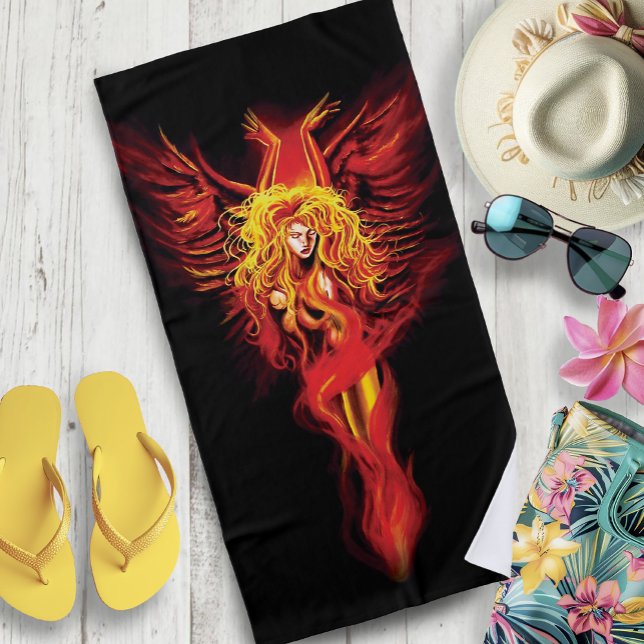 Fiery Red Fantasy Phoenix Woman Black Beach Towel (Creator Uploaded)