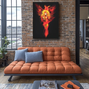 Fiery Red Fantasy Phoenix Woman Black Canvas Print